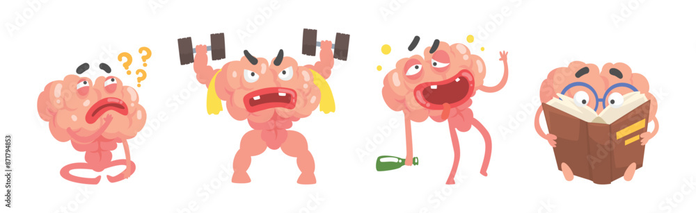 Poster funny brain character engaged in different activity vector set