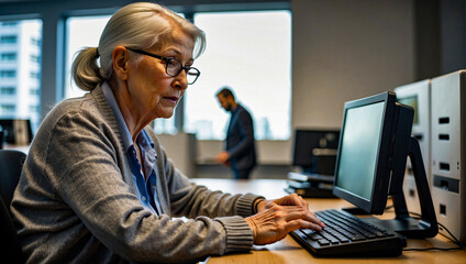 Experienced female senior professional utilizing a computer device in the office, showcasing productivity, diversity, and the embrace of modern technology despite older age