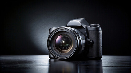 A DSLR camera with a black lens, isolated on a black background