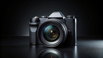 A DSLR camera with a black lens, isolated on a black background