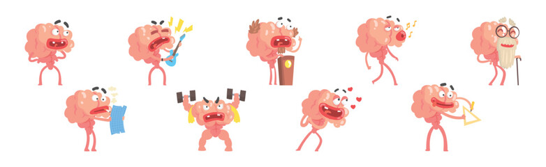 Funny Brain Character Engaged in Different Activity Vector Set