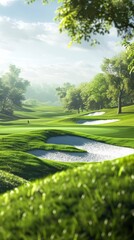 Fototapeta premium A green golf course with sand traps and a lone golfer in the distance