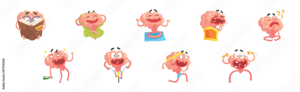 Poster funny brain character engaged in different activity vector set