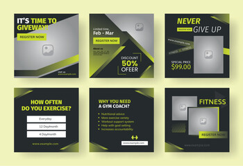 Gym and Fitness Social Media Post Template Set Design.