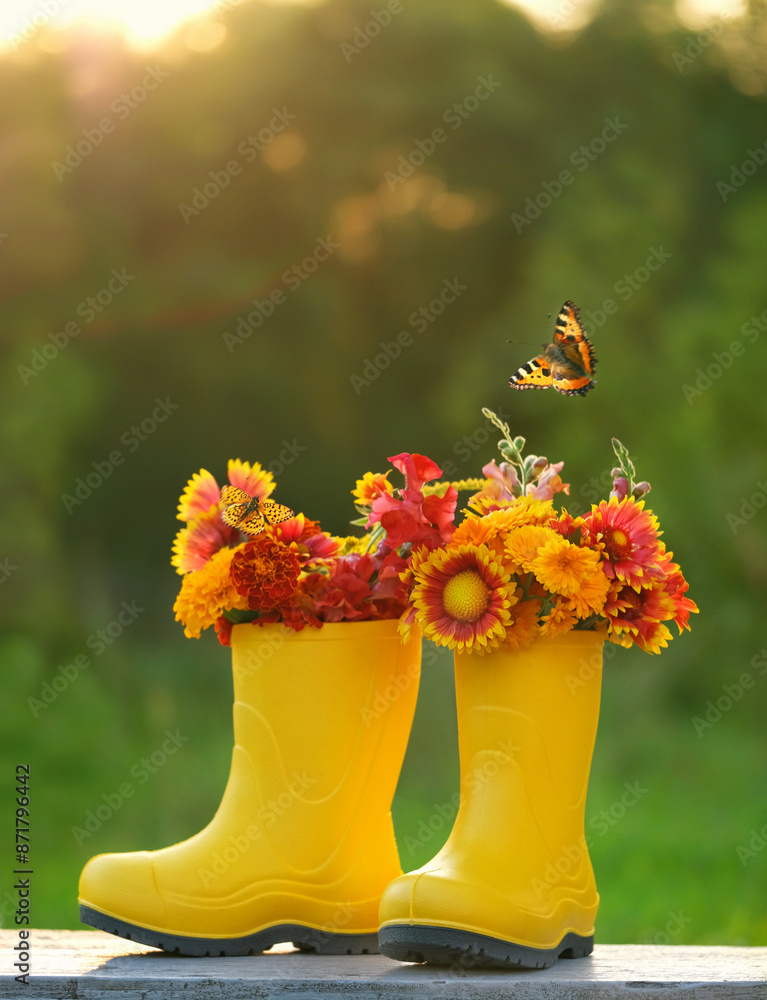 Wall mural yellow rubber boots with bright flowers and buttreflies in garden, natural abstract background. summ