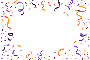 Halloween holiday party confetti background for horror night decoration, vector blank poster. Halloween holiday and trick or treat party paper confetti with orange, black and purple ribbons