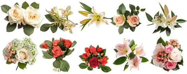 A variety of vibrant floral arrangements featuring roses, lilies, and mixed flowers, perfect for any occasion.