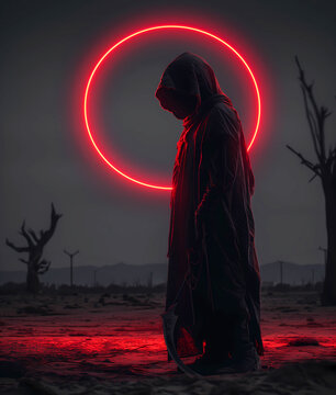 black and dark evil reaper, horror banshee the desert, the death, unholy person, modern surreal abstract red moon in the background