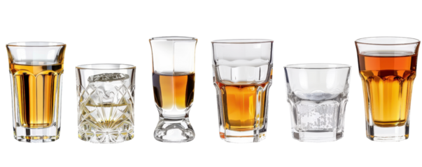 A row of six different shot glasses filled with various types of whiskey against a transparent background. showcasing diverse glassware and rich color variations.