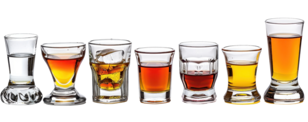 Various types of alcoholic beverages in different glasses, neatly arranged in a row showcasing drink variety and presentation.