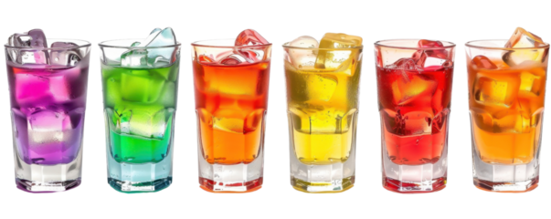 Colorful assortment of various fruity drinks in clear glasses with ice cubes, perfect for summertime refreshment and parties.