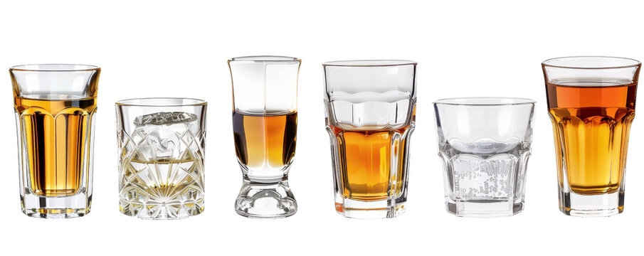 A row of six different shot glasses filled with various types of whiskey against a transparent background. showcasing diverse glassware and rich color variations.