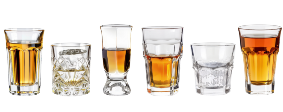 A row of six different shot glasses filled with various types of whiskey against a transparent background. showcasing diverse glassware and rich color variations. - Powered by Adobe