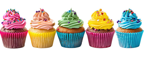 Colorful cupcakes with vibrant frosting and sprinkles in a row, perfect for party celebrations and sweet desserts. Isolated on transparent background.