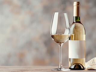 Elegant bottle of white wine with a filled glass close up, focus on sophistication, ethereal, overlay, minimalist backdrop
