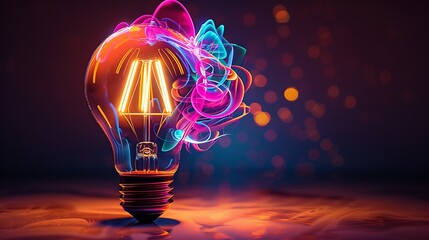Light bulb with neon lights, abstract glowing background