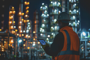 Worker in safety gear using a tablet to monitor nocturnal activities at an industrial plant.