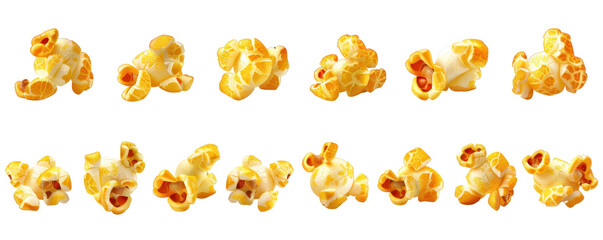 Fototapeta premium Crispy, golden popcorn kernels isolated on a transparent background. showcasing different shapes and sizes. Perfect snack for movie nights.