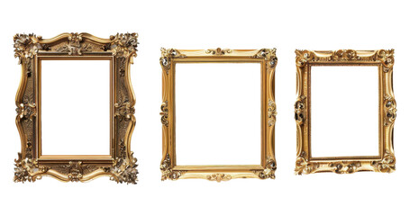 Set of three ornate golden frames in different designs and sizes, perfect for art and photography display. Isolated on a transparent background.