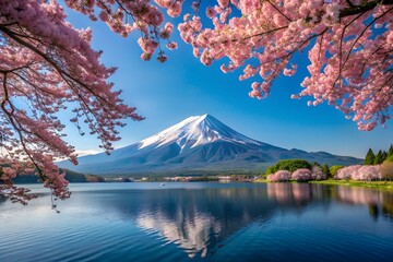 Mount Fuji in with Colorful Foliage and Clear Sky