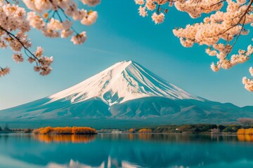 Fototapeta premium Mount Fuji in with Colorful Foliage and Clear Sky