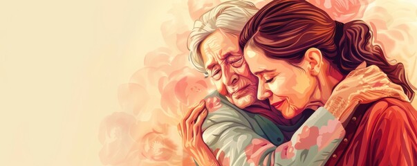 Young woman hugging her elderly mother, surrounded by hearts illustration.