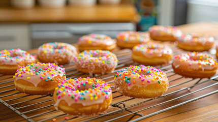 Homemade donuts cooling on a wire rack in a kitchen