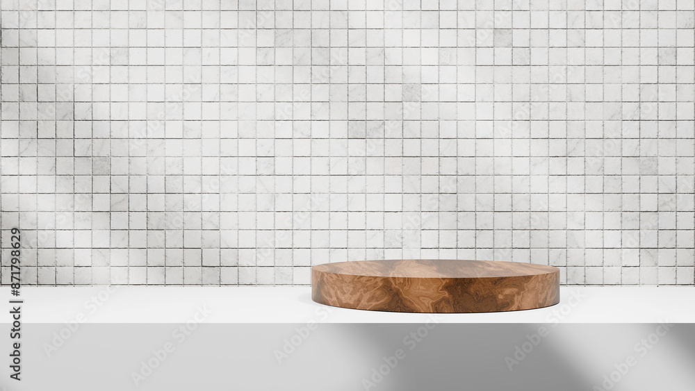 Poster White table with wooden empty round circle podium platform and white tile wall backdrop with soft sunlight beams. White kitchen table and wooden podium background mock up for advertising products