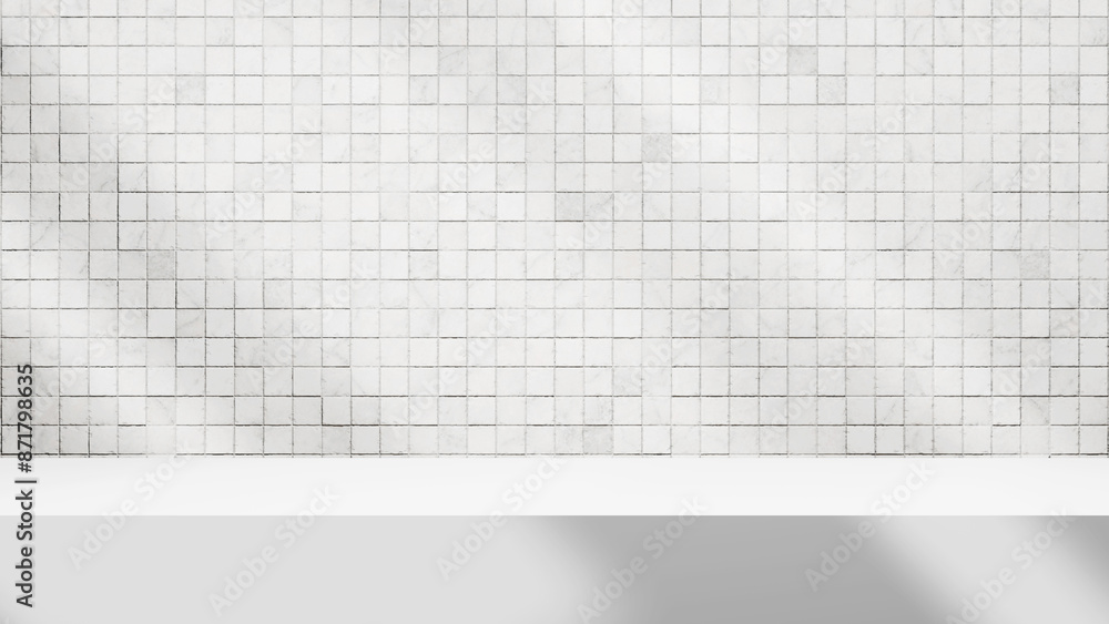 Aufkleber White luxury bright and soft background with empty white table and white tile wall backdrop, white table illuminated with soft sunlight beams and empty space for text, products or design