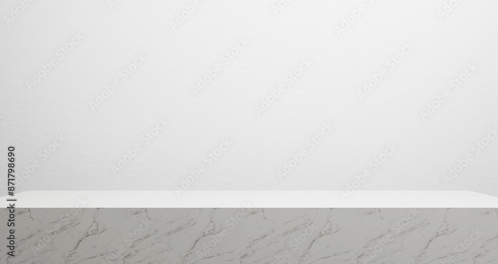 Poster white table made of marble and white plaster wall background with bright soft light, empty copy spac