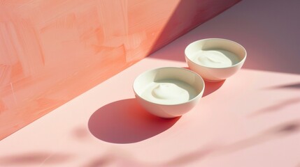 Minimalist bowls of yogurt on a pastel background