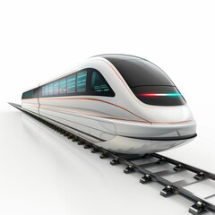 Naklejka premium Futuristic Maglev Train Speeding on Tracks, High-Speed Transportation Technology on Isolated White Background with Copy Space