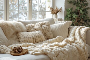 Cozy living room with a white couch and blanket draped over it. Vase with pinecones on a table. Warm and inviting atmosphere