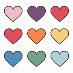 A grid of nine heart-shaped icons, each with a distinct color. They are arranged in a 3x3 matrix, with the colors being pink, purple, red, orange, yellow, light blue, dark blue, green, and teal. 