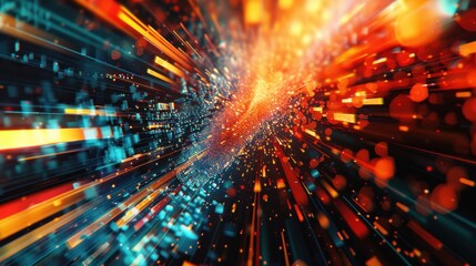 Fototapeta premium A 3D background featuring objects in motion, rushing towards the viewer The dynamic nature of the image conveys a sense of speed and innovation, ideal for modern or tech-oriented themes The use of