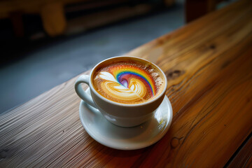 Image of a cup of coffee with latte art depicting a rainbow on the foam.