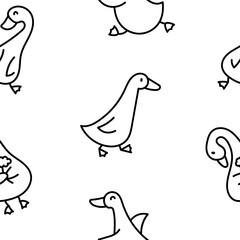 Funny goose characters. Seamless pattern. Coloring Page. Cute cartoon kawaii duck. Hand drawn style. Vector drawing. Design ornaments.
