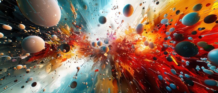 A 3D background with various objects seemingly flying towards the viewer The dynamic movement in the image adds a lively and energetic feel, making it suitable for use in contemporary or high-tech