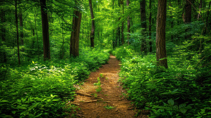 Obraz premium Path through a lush, green forest in summer