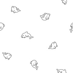 Cute kawaii dolphin in different poses. Seamless pattern. Coloring Page. Funny cartoon marine character. Hand drawn style. Vector drawing. Design ornaments.