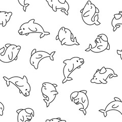 Fototapeta premium Cute kawaii dolphin in different poses. Seamless pattern. Coloring Page. Funny cartoon marine character. Hand drawn style. Vector drawing. Design ornaments.