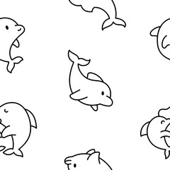 Cute kawaii dolphin in different poses. Seamless pattern. Coloring Page. Funny cartoon marine character. Hand drawn style. Vector drawing. Design ornaments.