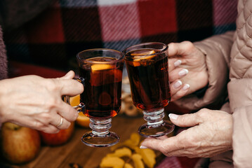 Two elderly women drinking tea in nature in autumn
