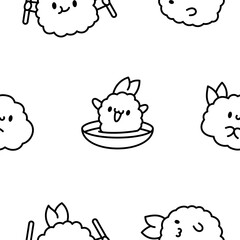 Cute happy kawaii tempura shrimp. Seamless pattern. Coloring Page. Funny cartoon food character. Hand drawn style. Vector drawing. Design ornaments.