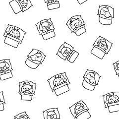 Cute sleeping animals in bed. Seamless pattern. Coloring Page. Night dream. Cartoon adorable characters. Hand drawn style. Vector drawing. Design ornaments.