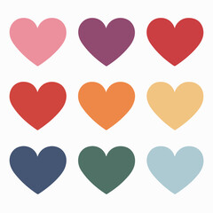 A grid of nine heart-shaped icons, each with a distinct color. They are arranged in a 3x3 matrix, with the colors being pink, purple, red, orange, yellow, light blue, dark blue, green, and teal. 