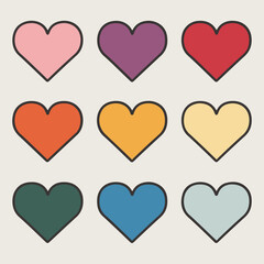 A grid of nine heart-shaped icons, each with a distinct color. They are arranged in a 3x3 matrix, with the colors being pink, purple, red, orange, yellow, light blue, dark blue, green, and teal. 