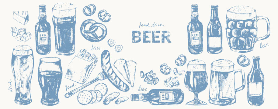 Vector beer illustration set. Beer bottles, glass, mug, snacks, hand holding beer bottle