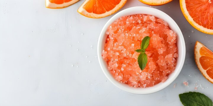 Homemade Orange Grapefruit Scrub in White Bowl Top View Spa Treatment. Concept Spa Treatments, DIY Skincare, Homemade Scrubs, Citrus Ingredients, Top View Photography