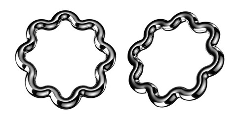 Futuristic chrome metal wavy frame isolated. Abstract metallic fashion frame shape 3D rendering, Y2K silver wriggling line border design element
